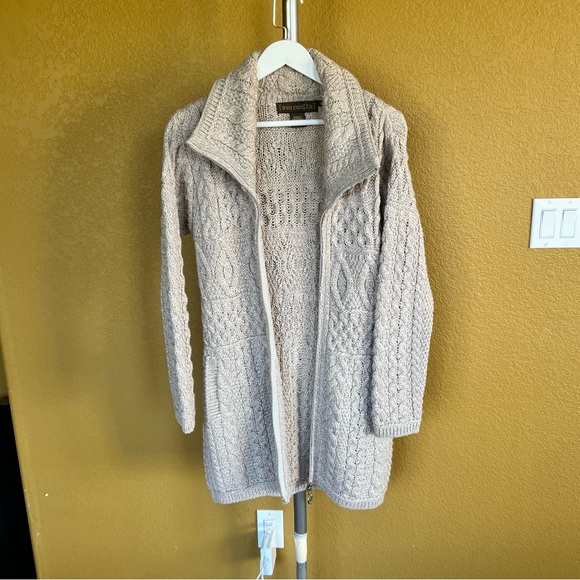 Inis Crafts Merino Wool Long Full-Zip Tunic Cardigan Sweater Beige - Picture 3 of 12
